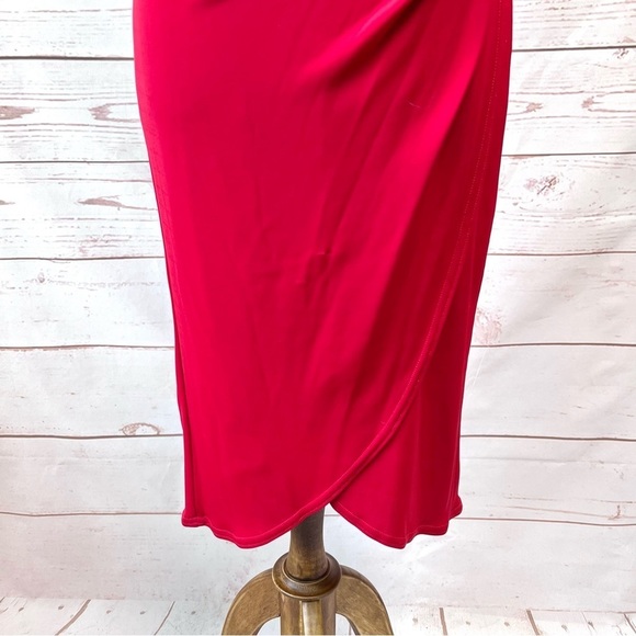 Vintage Tadashi Shoji Asymmetrical Ruched Faux Wrap Surplice Stretch Dress - Picture 10 of 10